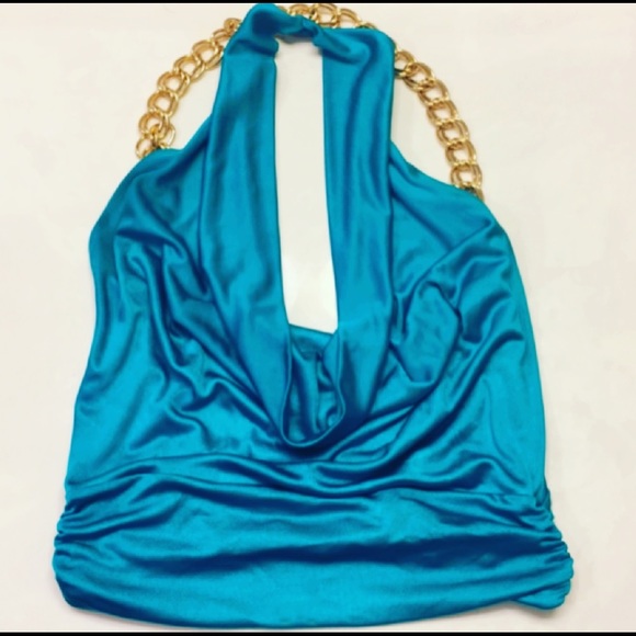 Draped Teal Top with gold chain back - Picture 3 of 4